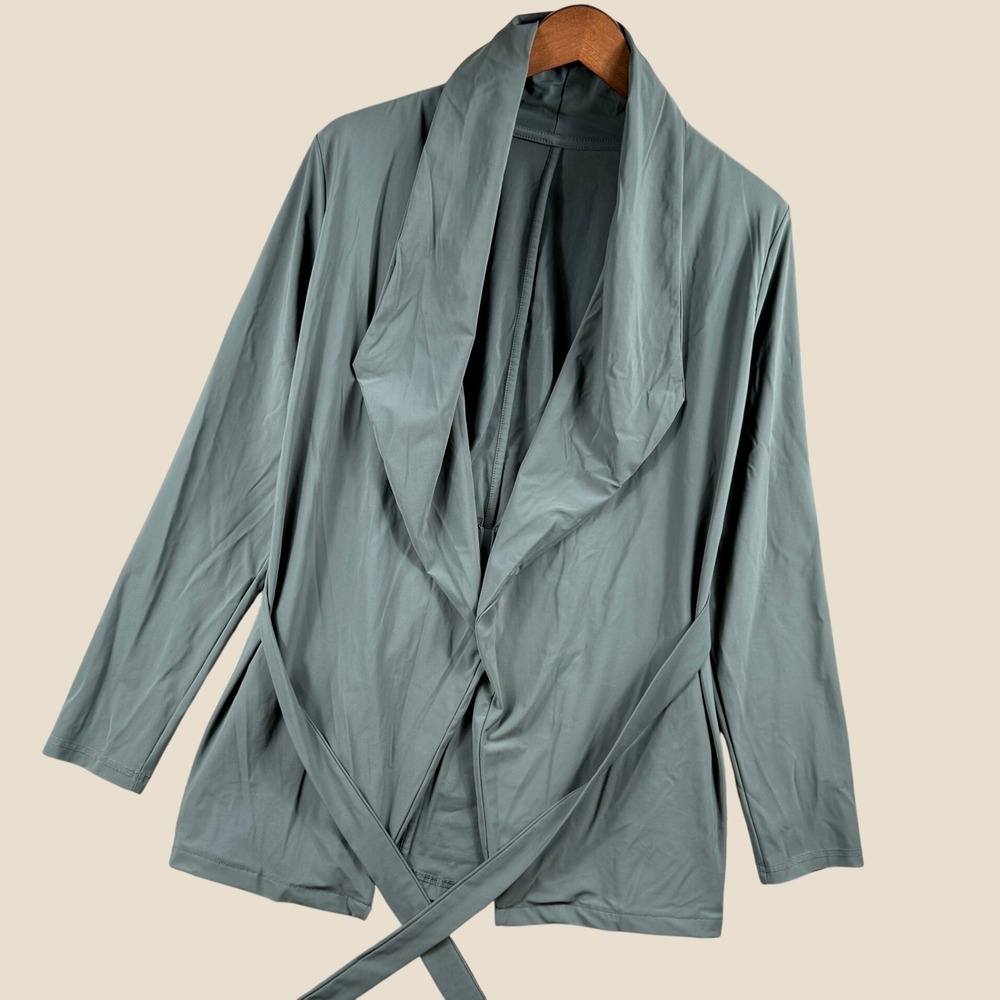 Mondetta Wrap Jacket Womens L Sage Green Tie Waist Shawl Collar Athleisure Top